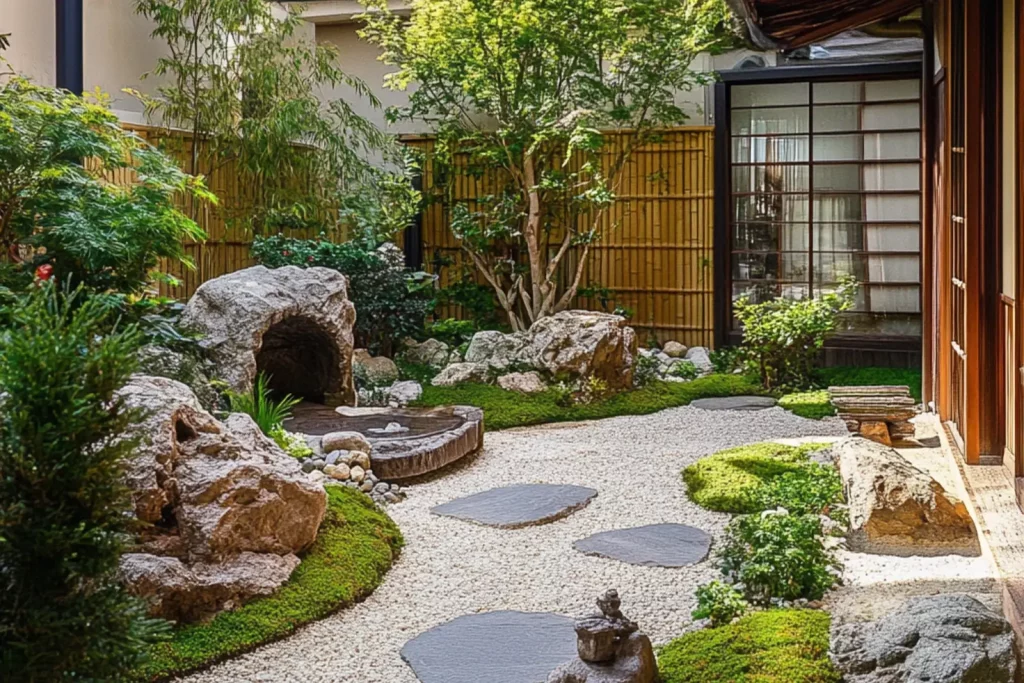 Jardin zen avec gravier herbe, arbres, statue.