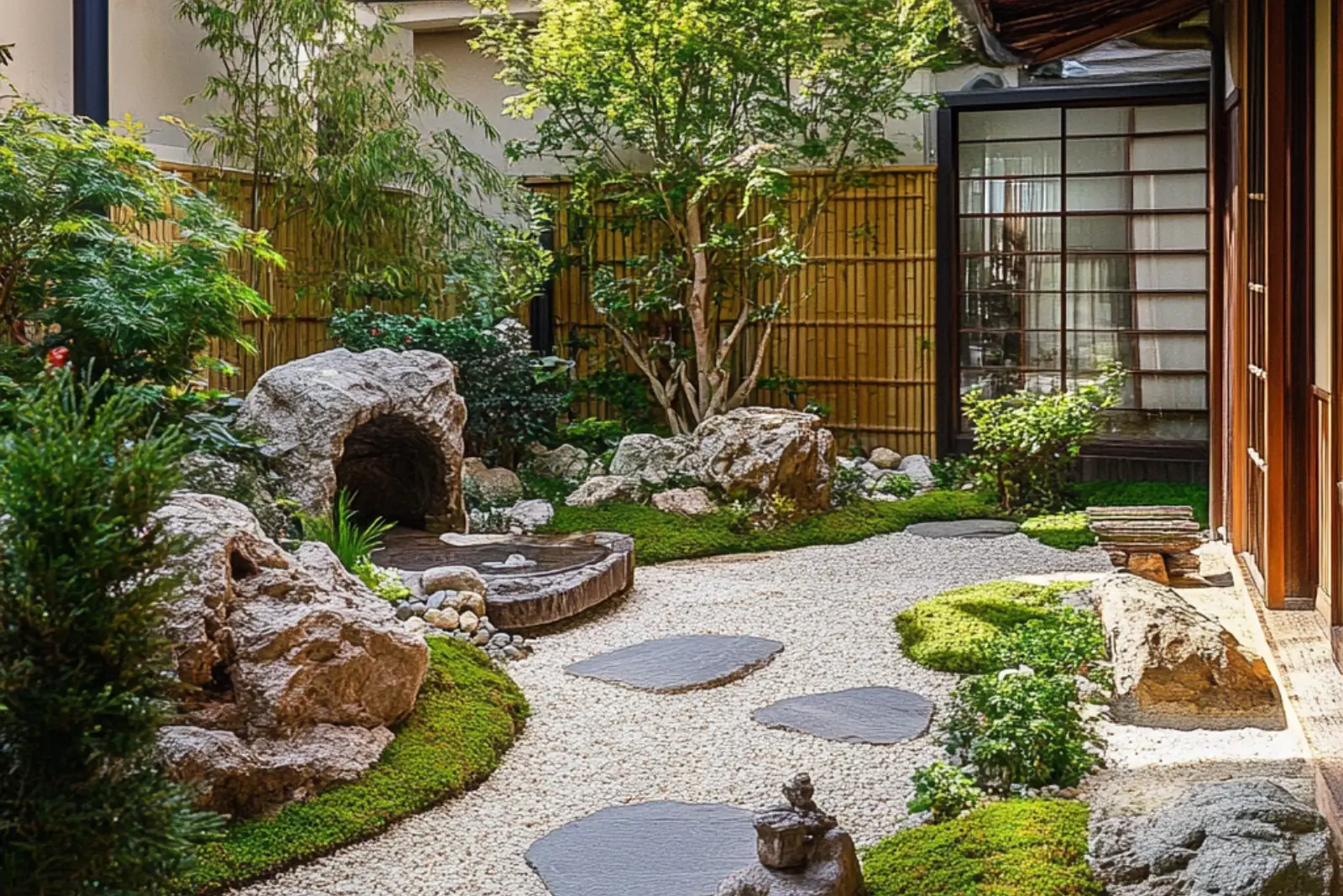 Jardin zen avec gravier herbe, arbres, statue.