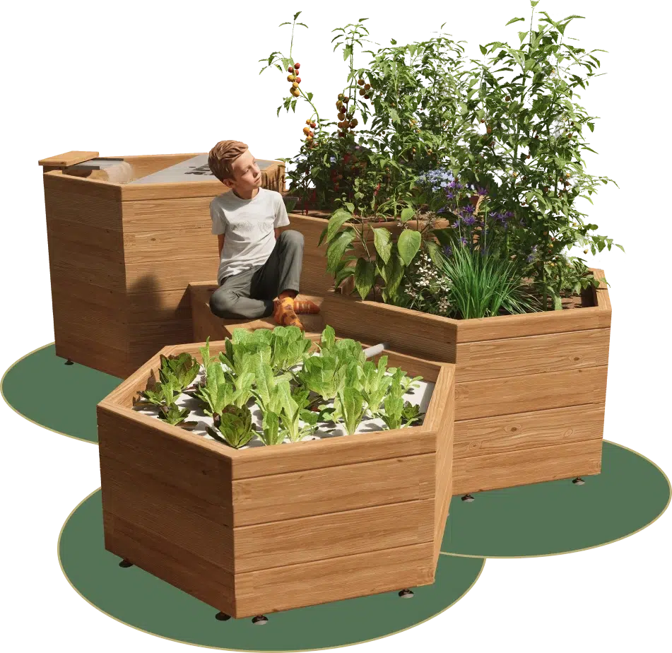 Système aquaponie en bois avec un enfant dessus